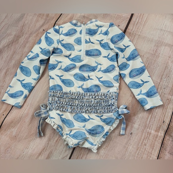 Sugar Bee Ruffle Bottom Swimsuit Whales Rashguard Gingham One Piece Size 4t - Picture 4 of 5
